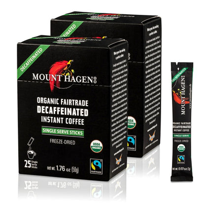 Mount Hagen 25 Count Single Serve Instant Decaf Coffee Packets - 2 pack | Decaffeinated Organic Medium Roast Arabica Beans | Eco-friendly, Fair-Trade [2 x 25 sticks/1.76oz/50g], Pack of 2