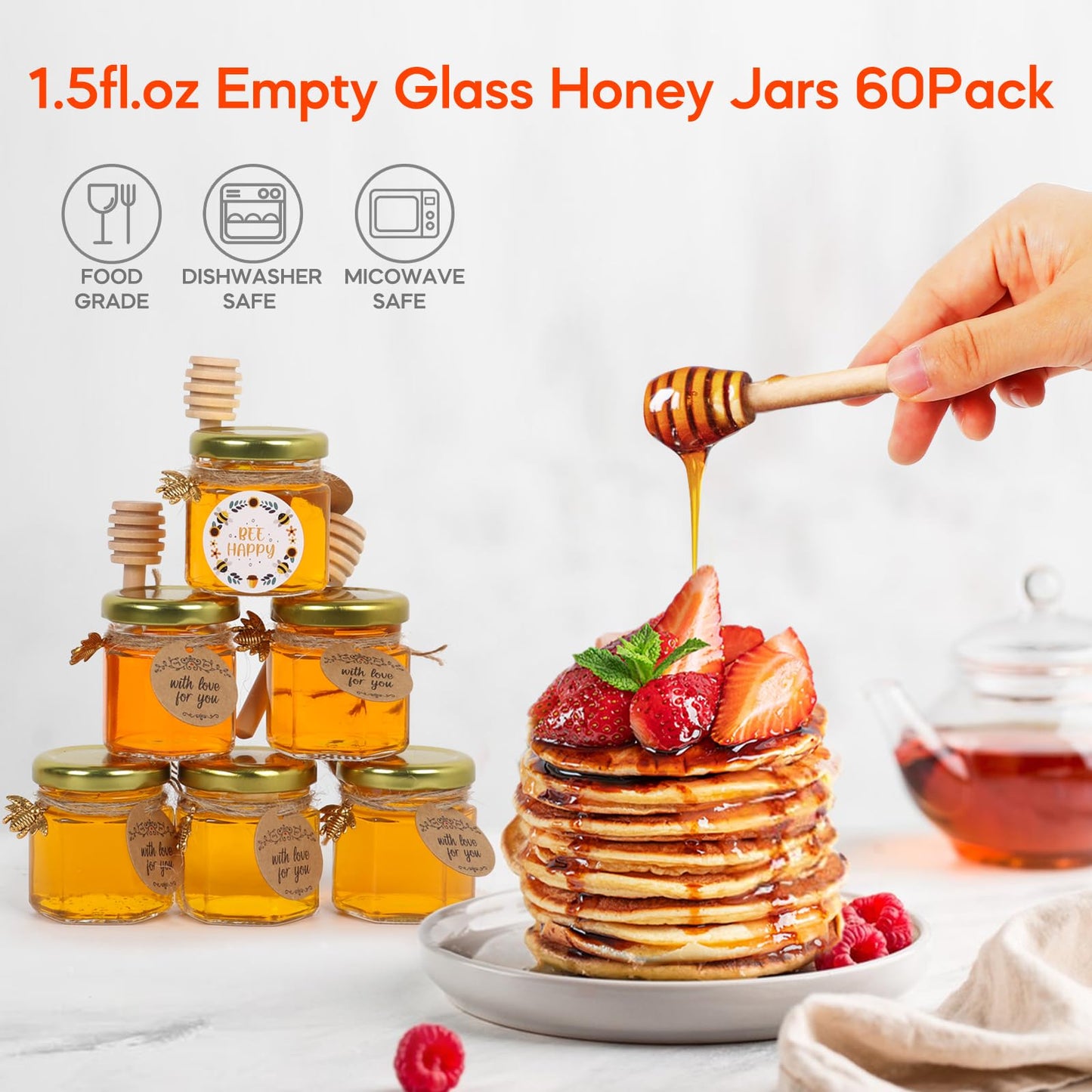 AuroTrends Mini Honey Jars with Dipper 1.5oz 60Pack, Empty Hexagon Honey Jars for Baby Shower Favors/Wedding Favors for Guests Bulk-Mini Glass Jar with Lids/Wooden Dippers (1.5 fl.oz-60Pack)