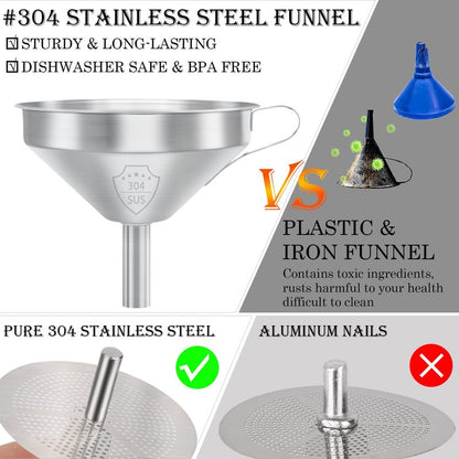 WMKGG 304 Stainless Steel Funnel, 5 Inch Funnels for Kitchen Use Filling Bottles, with 200 Mesh and 100 Mesh Fine Mesh Strainer, for Oils, Juice, Wine, Coffee, Milk, Tea, Powder