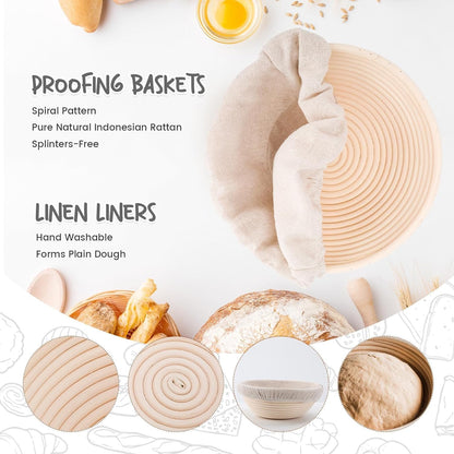 DOYOLLA Bread Proofing Baskets Set of 2, 10 inch Oval & 8.5 inch Round Dough Proofing Bowls w/Liners Perfect for Sourdough Bread Baking, Bakers Baking, Gifts for Bakers, Bread Making Kit