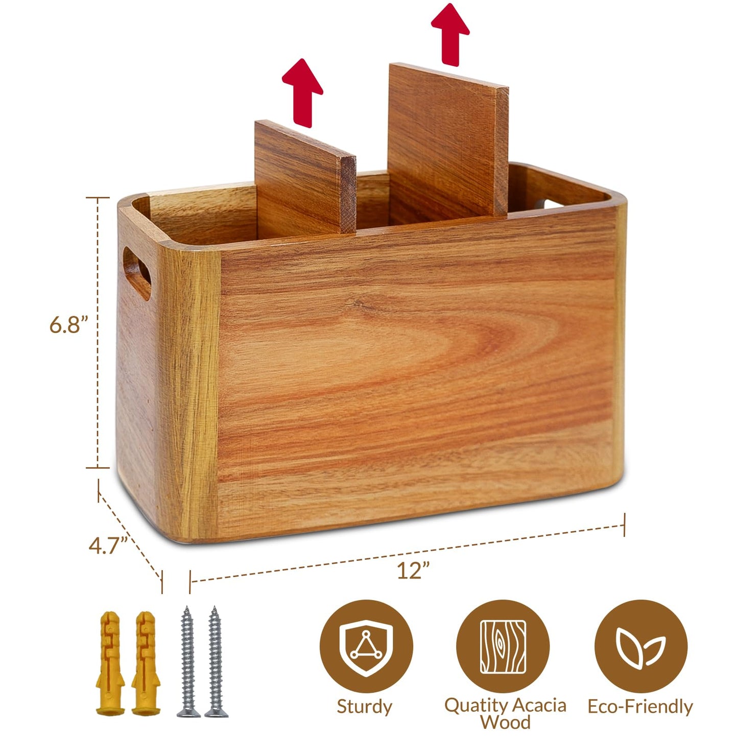 Wooden Kitchen Utensil Holder Organizer for Counter or Countertop, Large Wooden Utensil Holder for Storage Cooking and Silverware with 4 Compartment, Acacia Rustic Wood Container Extra Large