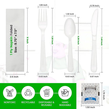 Pokanic Plastic Utensils x [125 Pack] Silverware Wrapped Combo Set Bulk Variety Pack Disposable Cutlery Party Supply Heavy Duty Forks, Spoons, Knives, Napkins, Salt Pepper (125 Pack, White - Set A)