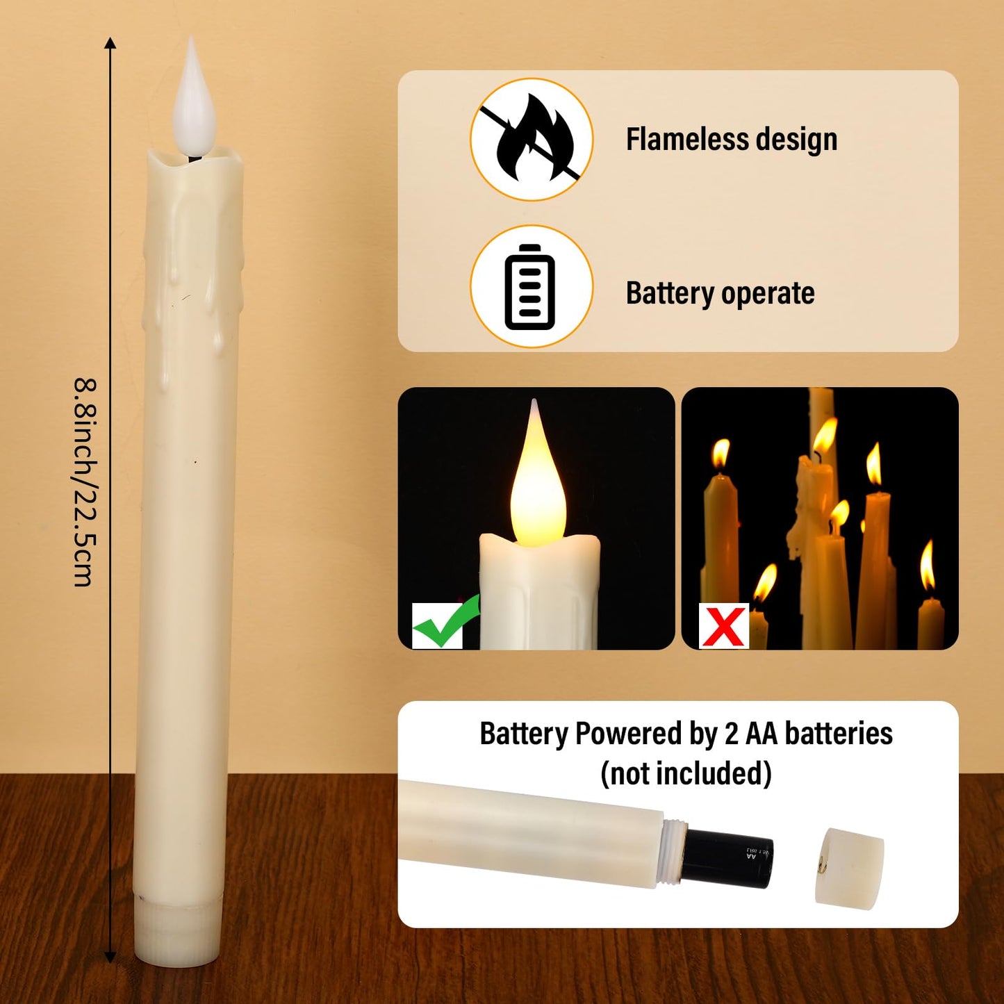 Baquler 24 Pcs 8.8 Inch Ivory Flameless Taper Candles LED Candle Sticks Battery Operated Flickering LED Candlestick Window Plastic Candle for Wedding Halloween Christmas Decor(No Battery)