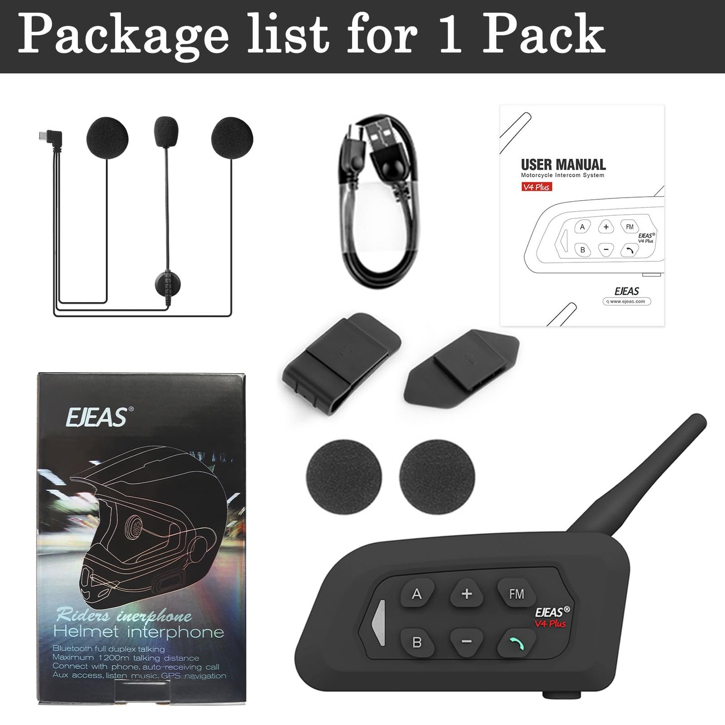 GaiRen V4 Plus Motorcycle Bluetooth Helmet Intercom Headset, 4 Rides Group Communication System for Motorcycling Soccer Referees Skiing ATV/Off Road (4 Pack)