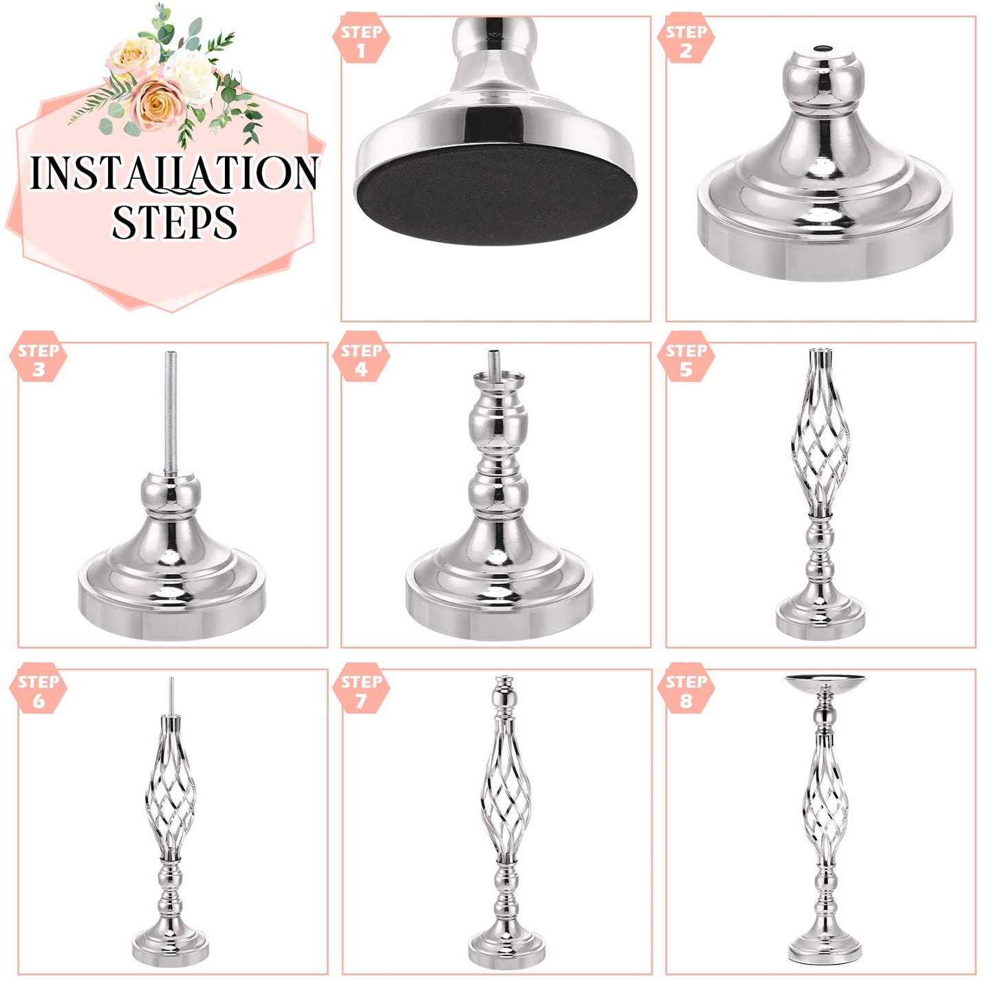 Rtteri 20 Pcs Metal Flower Arrangement Stand Wedding Flower Centerpieces Stand Elegant Metal Vase Candelabra Candle Holder for Wedding Reception Table Decor Party Hotel Home Decor (Silver,Medium)