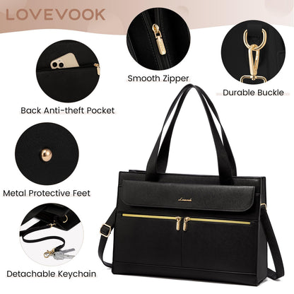 LOVEVOOK Laptop Tote for Women - 15.6 Inch Professional PU Leather Computer Briefcase, Waterproof Handbag, Large Capacity Business Teacher Office Bag, Crossbody Purse - Black