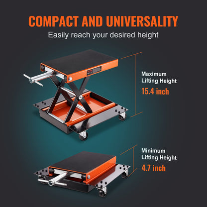 VEVOR Motorcycle Lift, 1100 LBS Motorcycle Lift ATV Scissor Lift Jack with Dolly & Hand Crank, Center Hoist Crank Stand with Wide Deck & Tool Tray for Street Bikes, Cruiser Bikes, Touring Motorcycles