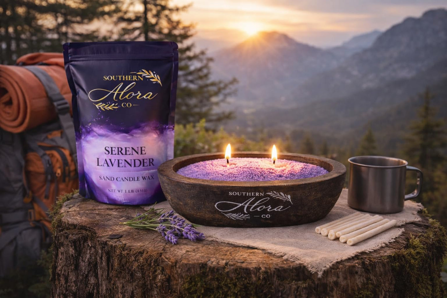 Sand Candle Wax 1 LB – Southern Alora Scented Candle Sand with 10 Cotton Wicks, Refillable & Reusable for Candle Making, Spill-Safe for Bowls & Centerpieces (Serene Lavender Kit with Wood Bowl)