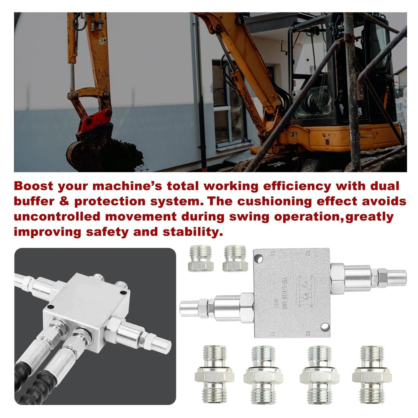 New Hydraulic Cushion Valve Kit Compatible with Mini Excavator Swivel Motor, Compatible with Most Mini Excavators & Equipment with 1/4” Hydraulic Hoses & M14×1.5 Threaded Ports