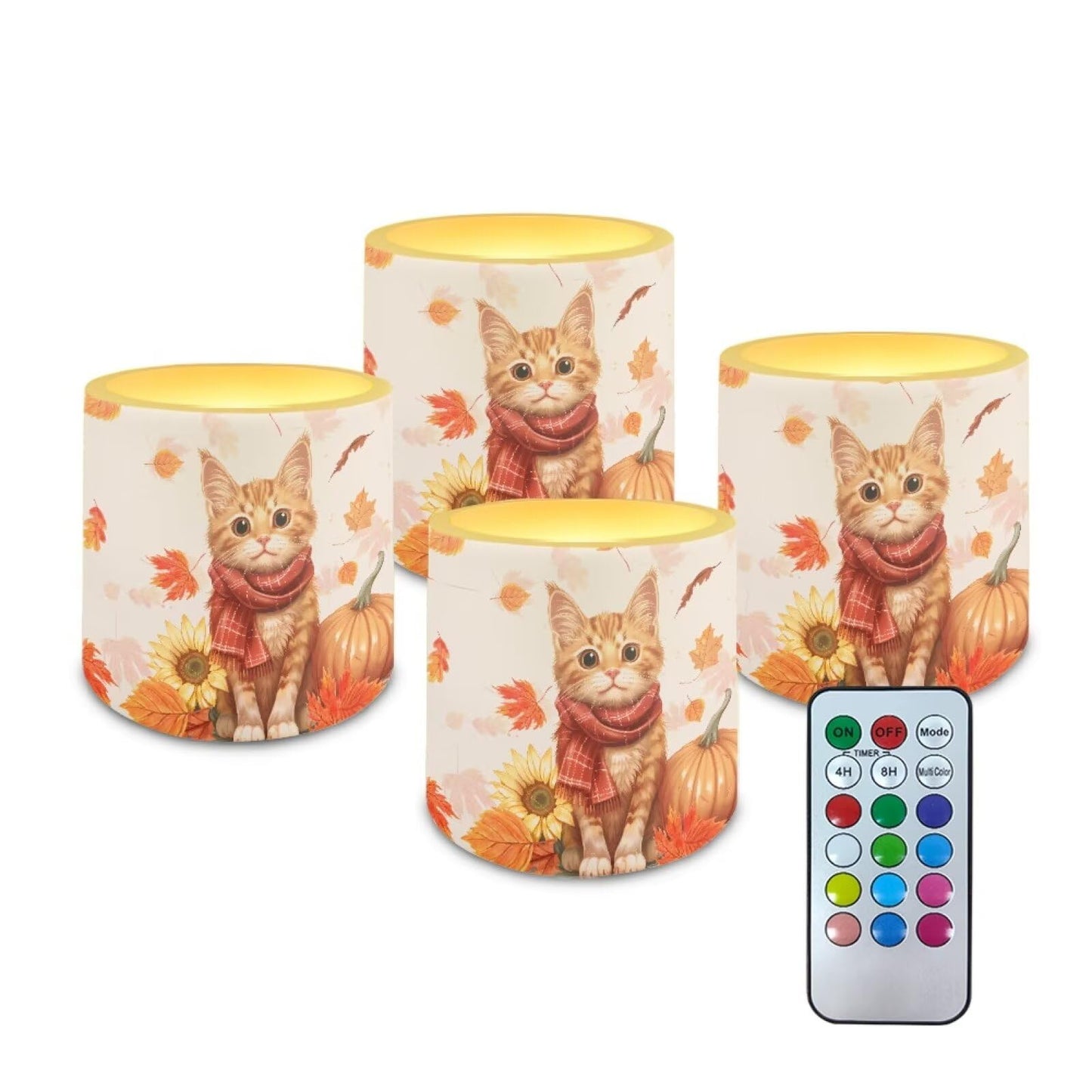 Cozeyat Autumn Cat Flameless Candles 4 Pack Battery Operated with Remote Control Timer LED Pillar Candles Waterproof for Indoor Outdoor Decor