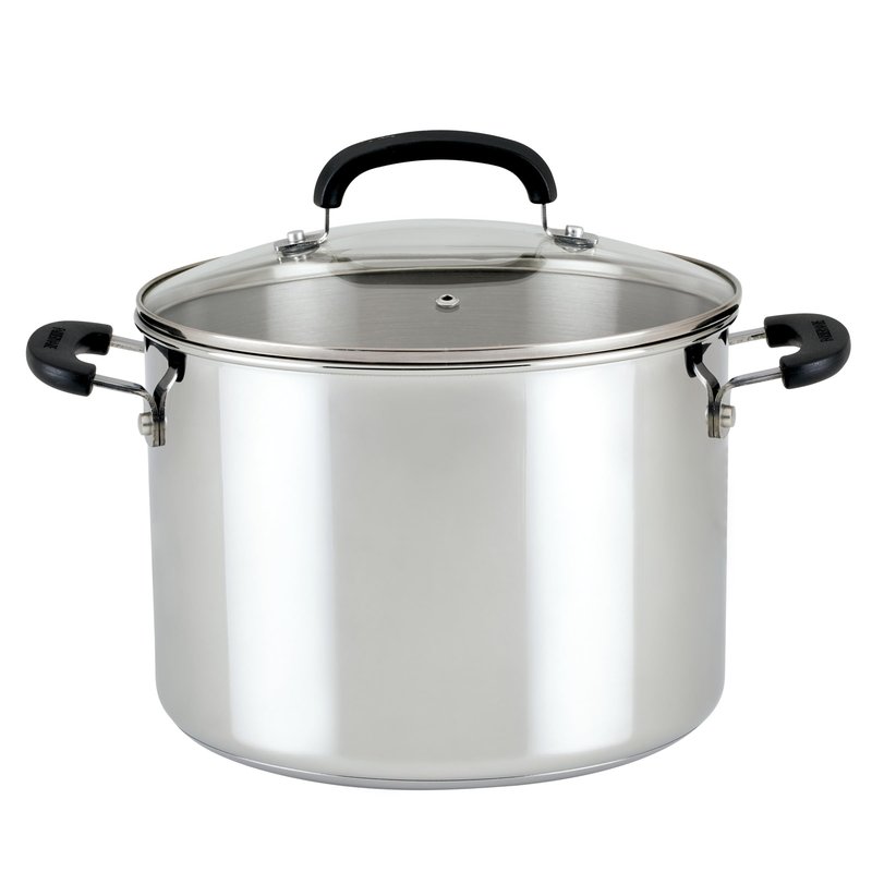 Farberware Brilliance Stainless Steel Stockpot with Glass Lid, 8 Quart, Dishwasher Safe and Induction Ready, Compatible with All Cooktops, Stainless Steel