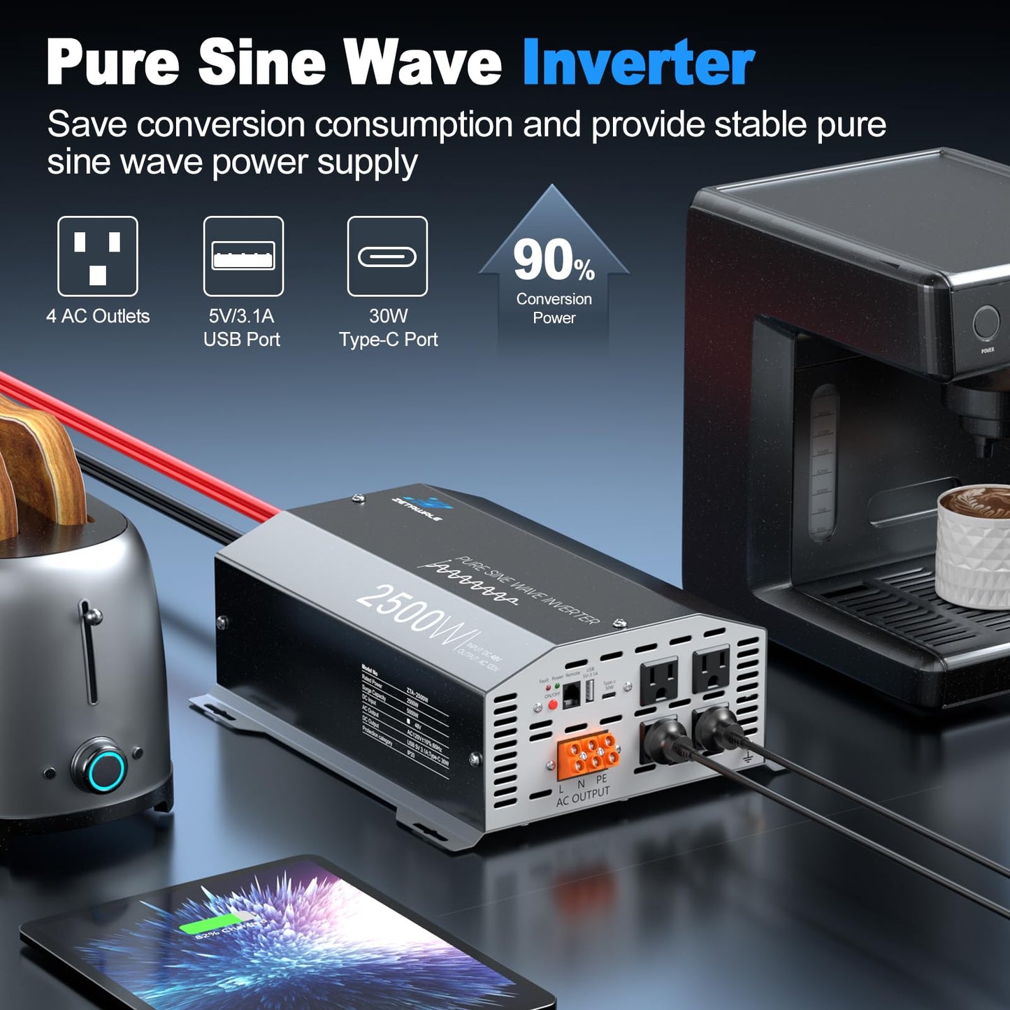 2500W Pure Sine Wave Inverter 48V DC to 110V/120V AC Converter, 5000W Peak, High-Efficiency Off-Grid Solar Power Inverter, 4 AC Outlets, USB & Type-C, LCD Remote Control