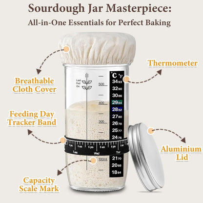 Complete Sourdough Starter Kit, Bread Baking Supplies, 9'' Round Banneton Bread Proofing Basket with Glass Sourdough Starter Jar & Tools, Bakery Accessories for Bread Making Baking Fermentation