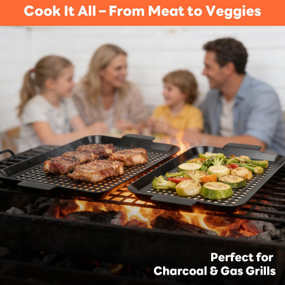 Ayiusedeza 2PCS Grill pan, BBQ Grill Topper for Outdoor Grill with Hole, Non-stick enamel coating, suitable for picnicking, camping, yard (2 pieces)