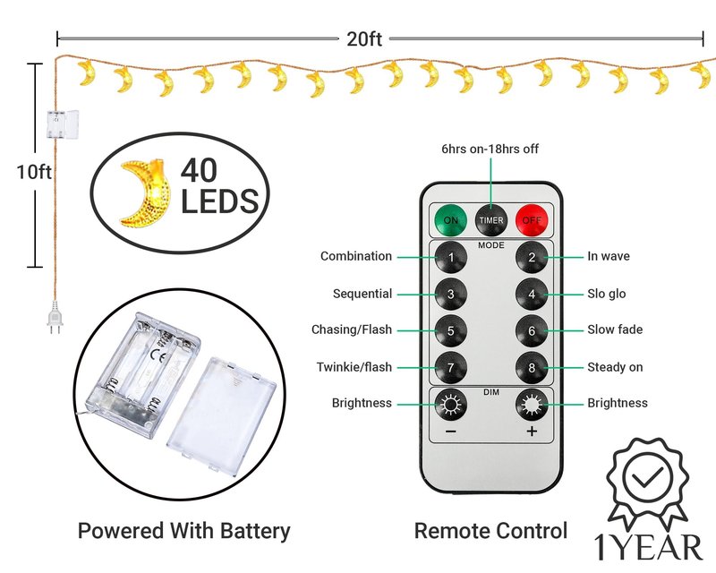 OLEEK Ramadan Lights Decorations 20 ft- Ramadan Decorations for Home 2026 - Ramadan Decoration Lights (40 LEDs)- Ramadan Gifts for Kids - Ramadan Decor - زينه رمضان - Ramadan led Lights