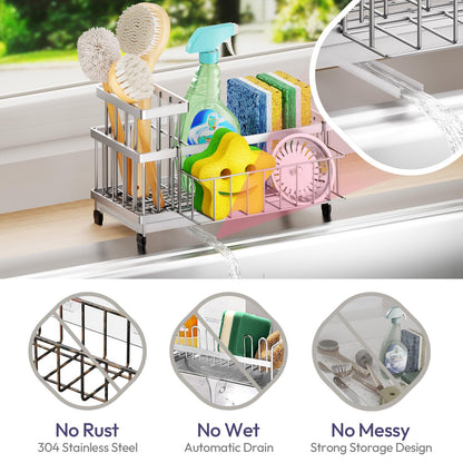 SWTYMIKI Sponge Holder for Kitchen Sink - Sink Caddy with Brush Holder Self-draining Sponge Caddy Organizer with Divider Stainless Steel Kitchen Accessories Storage for Countertop, Black