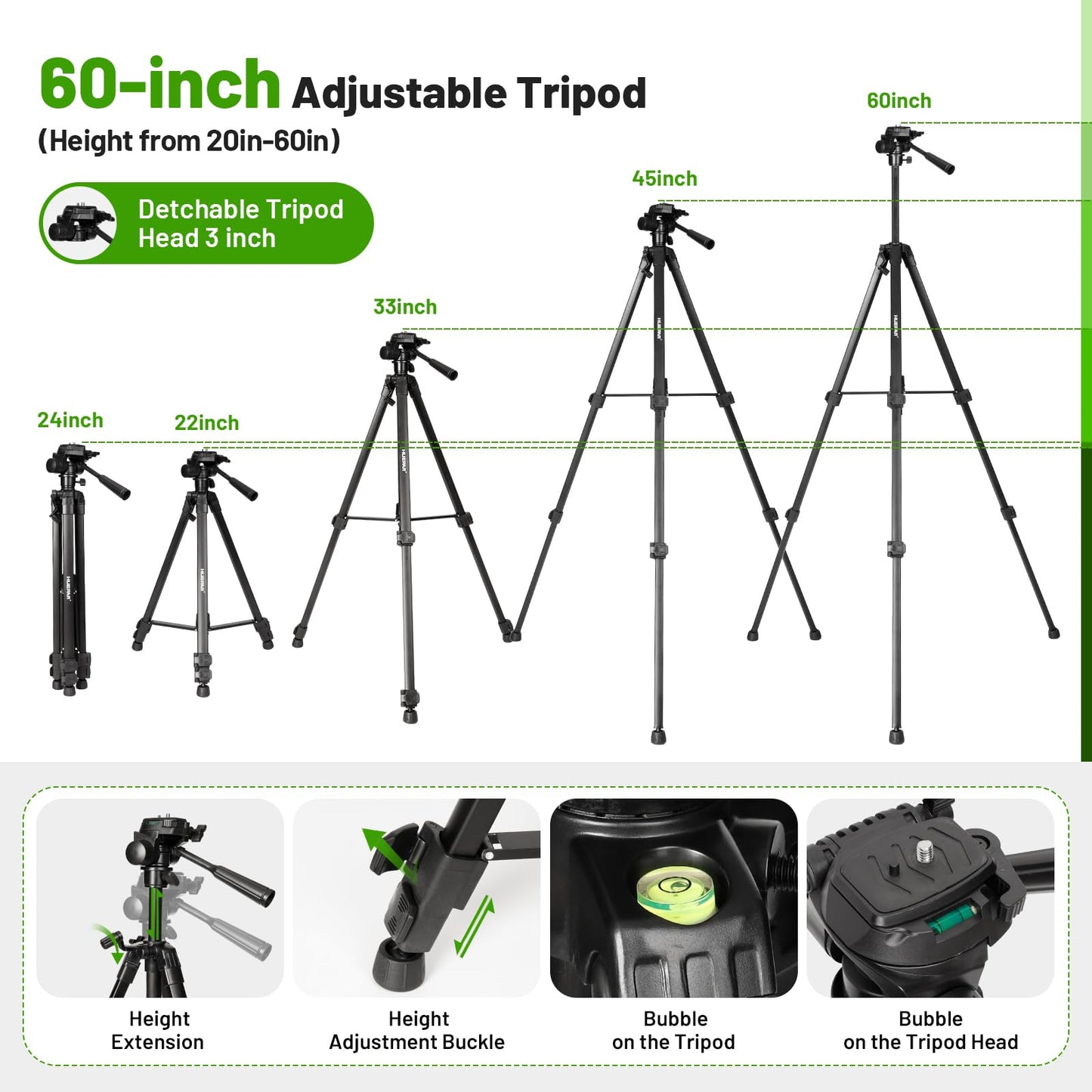 Laser Level with Tripod 60 Inch, Huepar Self Leveling Laser Level with 2 Plumb Dots -Green Cross Line Laser Leveler Tool with 360° Horizontal and 140° Vertical Line for Construction & Home Use 621CGT