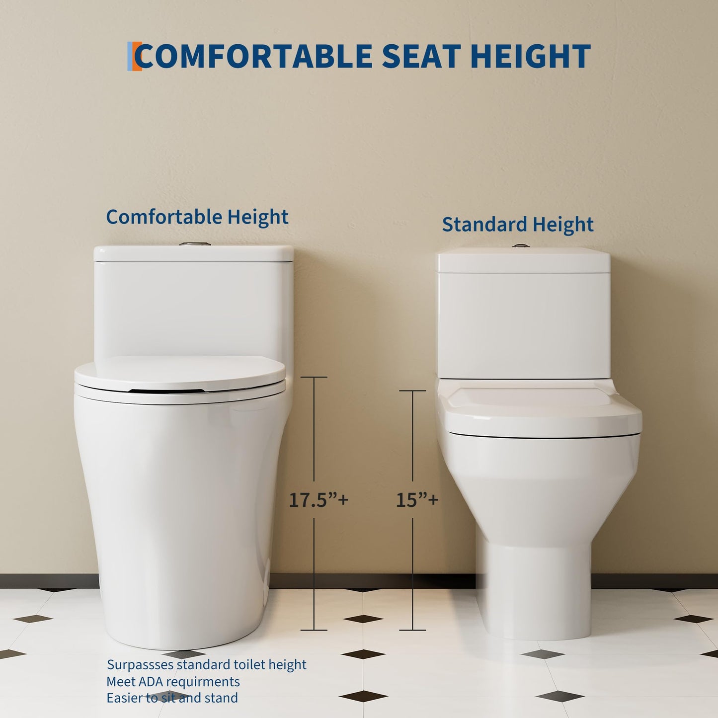 One-Piece Toilets, Low Water Tank, ADA 17.5" Seat Height, Water-Saving Design, Compact Modern Bathroom Toilet