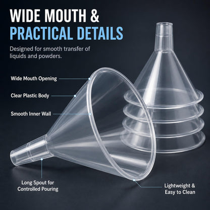 RHBLME 20 PCS Plastic Funnels Set, 4.7 Inch Wide Mouth Clear Plastic Funnels for Filling Bottles, Multipurpose Large Funnel with Long Reaching Spout, Water Bottle Funnel for Powder Liquid Spices