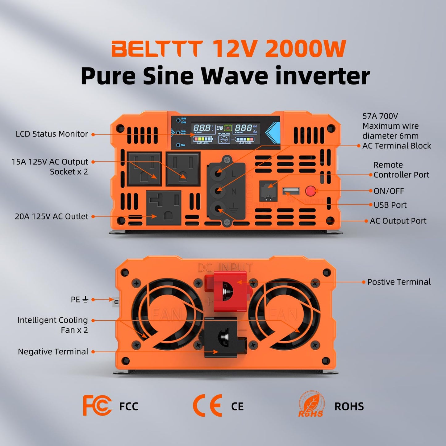 BELTTT 2000W Pure Sine Wave Inverter, Inverter 12V DC to 120V AC for Solar, RV, Truck, Outdoor, Power Inverter with Dual AC and 20A Socket, 5V 2.1A USB, Surge 4000W, Hardwire Port, Remote Controller