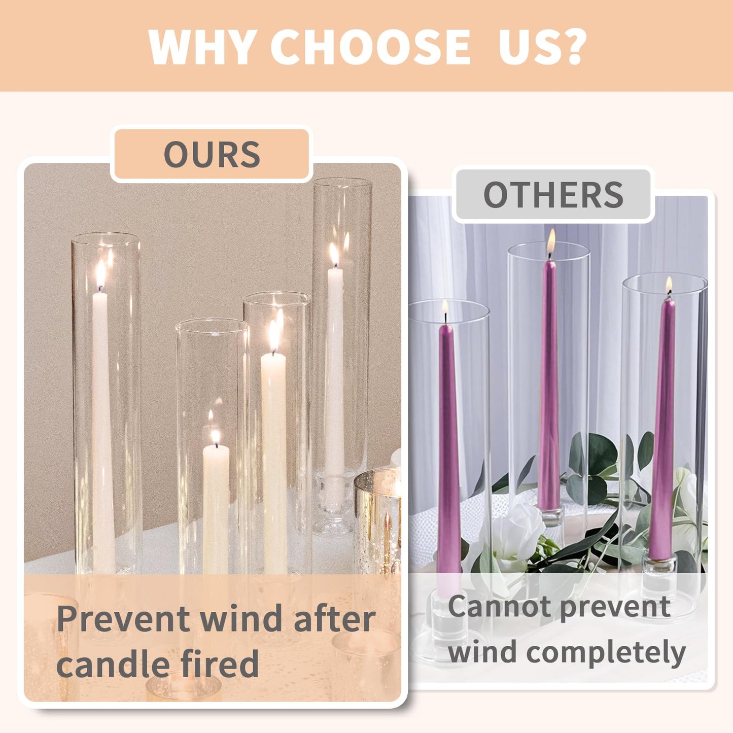 CHILL RECIPE Hurricane Glass Candle Holders-Set of 6 Tall Taper Candle Holder with 12” Tall Clear Cylinder Covers for Wedding Table Centerpiece Home Decor (Floral Base+Clear Chimney)