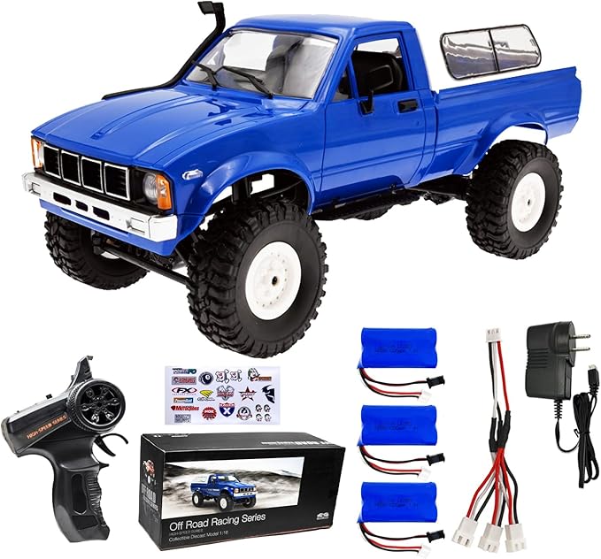WPL C24 1/16 RC Rock Crawler 4x4 Truck with 3 Upgraded 1200mah Battery 2.4GHz Remote Control Off-Road Pick-up RTR for Men (Blue)