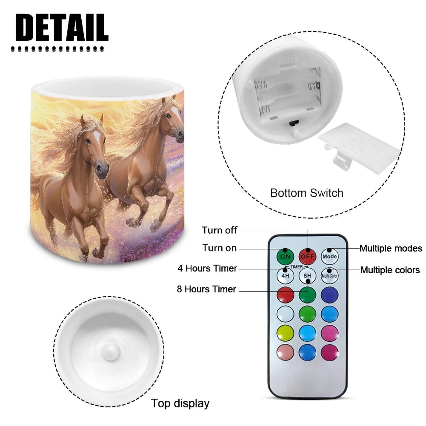 NETILGEN Running Horse Print Flickering Flameless LED Candles Pack of 4 Color Changing Battery Operated LED Pillar Candles with Remote Timer Control