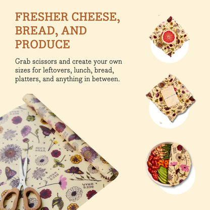 Bee's Wrap Vegan Beeswax Wraps for Food - Cut to Size 14x52" Beeswax Wrap Roll - Plastic Free Made in USA Reusable Natural Food Wrap - Meadow Magic