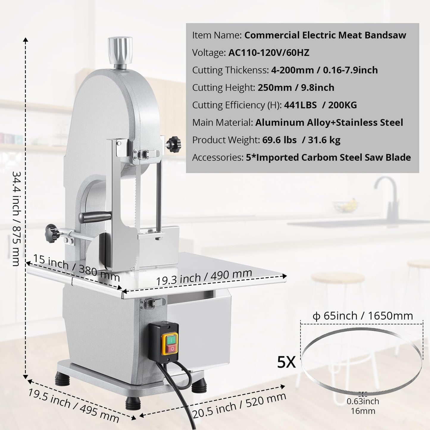 1500W Commercial Electric Bone Saw Machine, Frozen Meat & Bone Cutter with 5 Saw Blades, Adjustable 0.16-7.09 Inch Thickness, 19.3"x15" Stainless Work Table for Butcher Shops, Restaurants, Supermarket