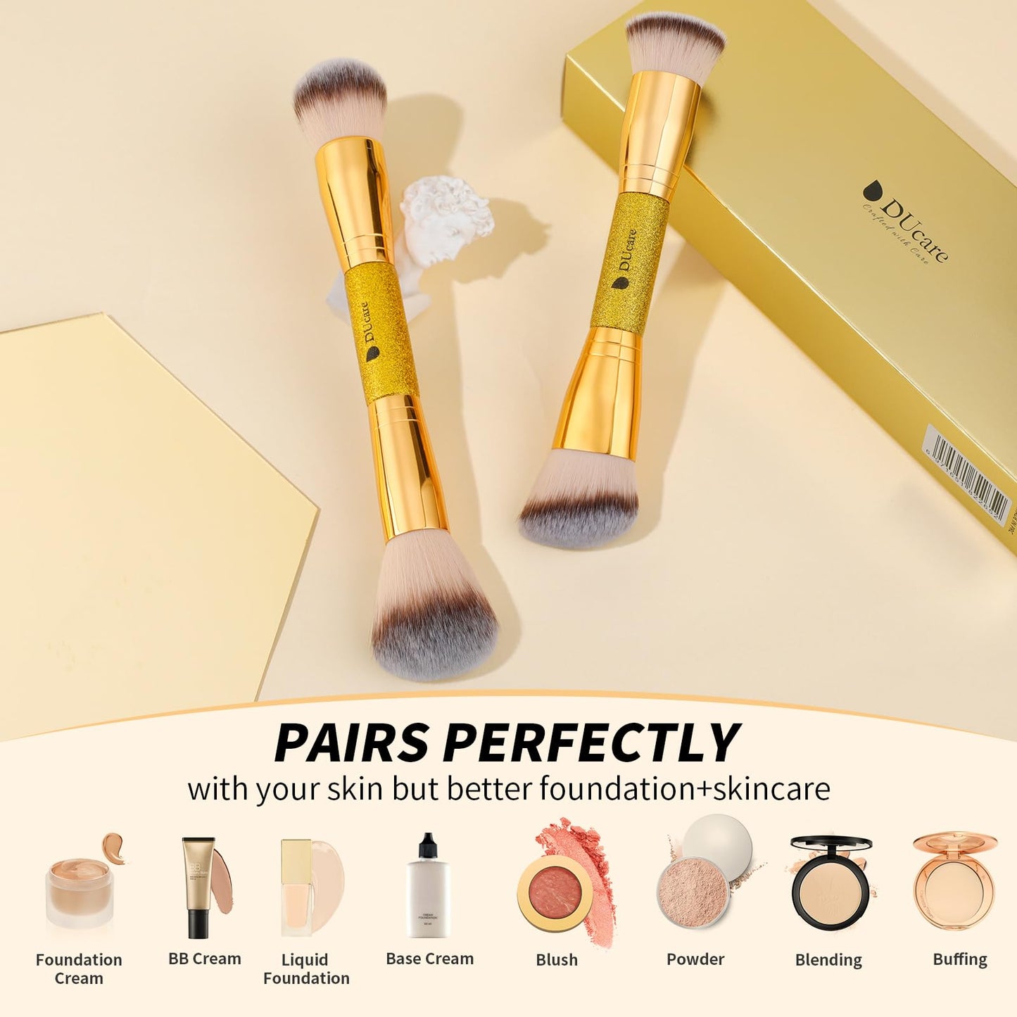 DUcare Foundation Brush Contour Bronzer Makeup Brush Double Ended Self Tanner Brush Sculpting Brush for Blending Liquid Powder Concealer Cream Cosmetics Blush Buffe