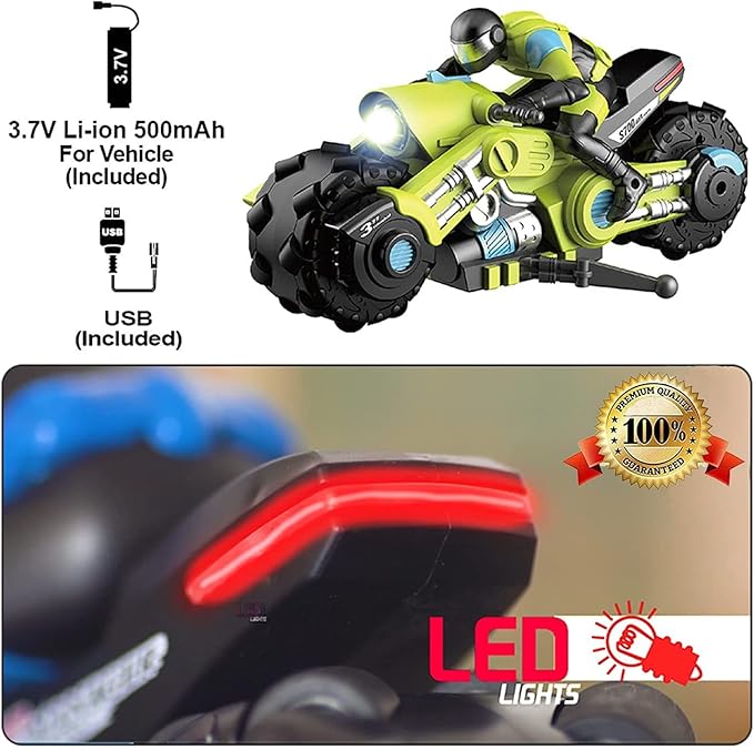UNIQUE KIDS Remote Control Motorcycles - 360° Spinning Action High-Speed Racing Motorbike with LED Lights for Boys and Girls Green Color
