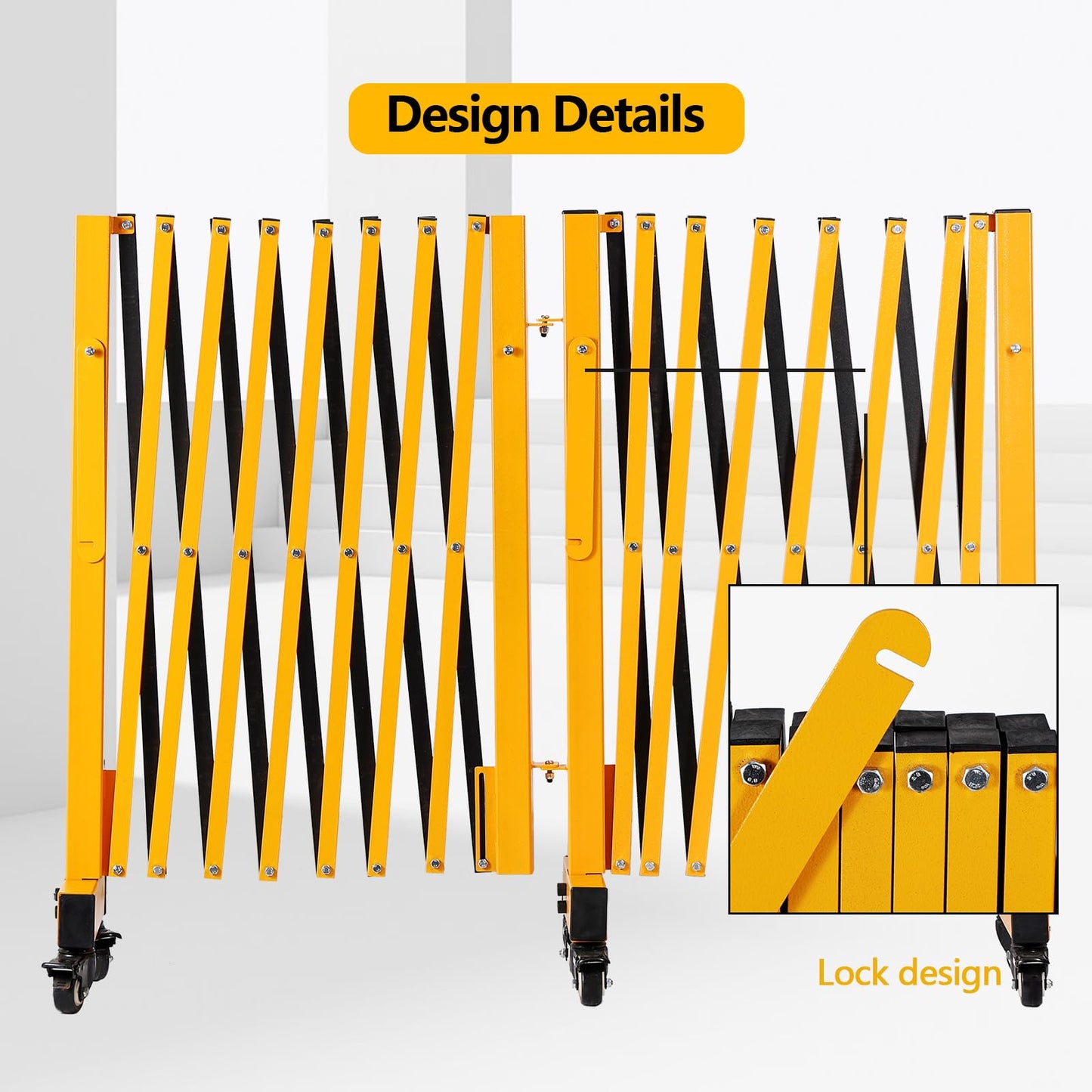 LTSEAME 16FT Industrial Expandable Barricade Folding Security Gate with Wheels,Retractable Driveway Gate with Aluminum Fence and 270 Degrees Direction Adjustment(Yellow, 16FT)