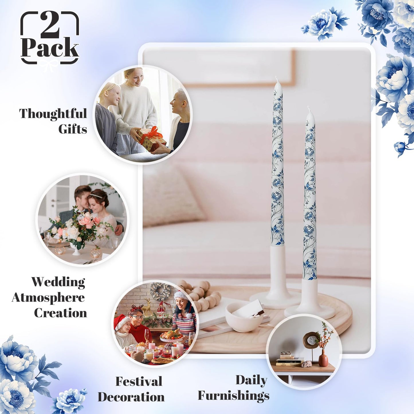 Blue and White Porcelain Taper Candles 10 Inch Print Candle Handmade Unscented Peony Pattern Long Candles 2 Pack Twisted Candlesticks for Wedding Home Decoration Gifts