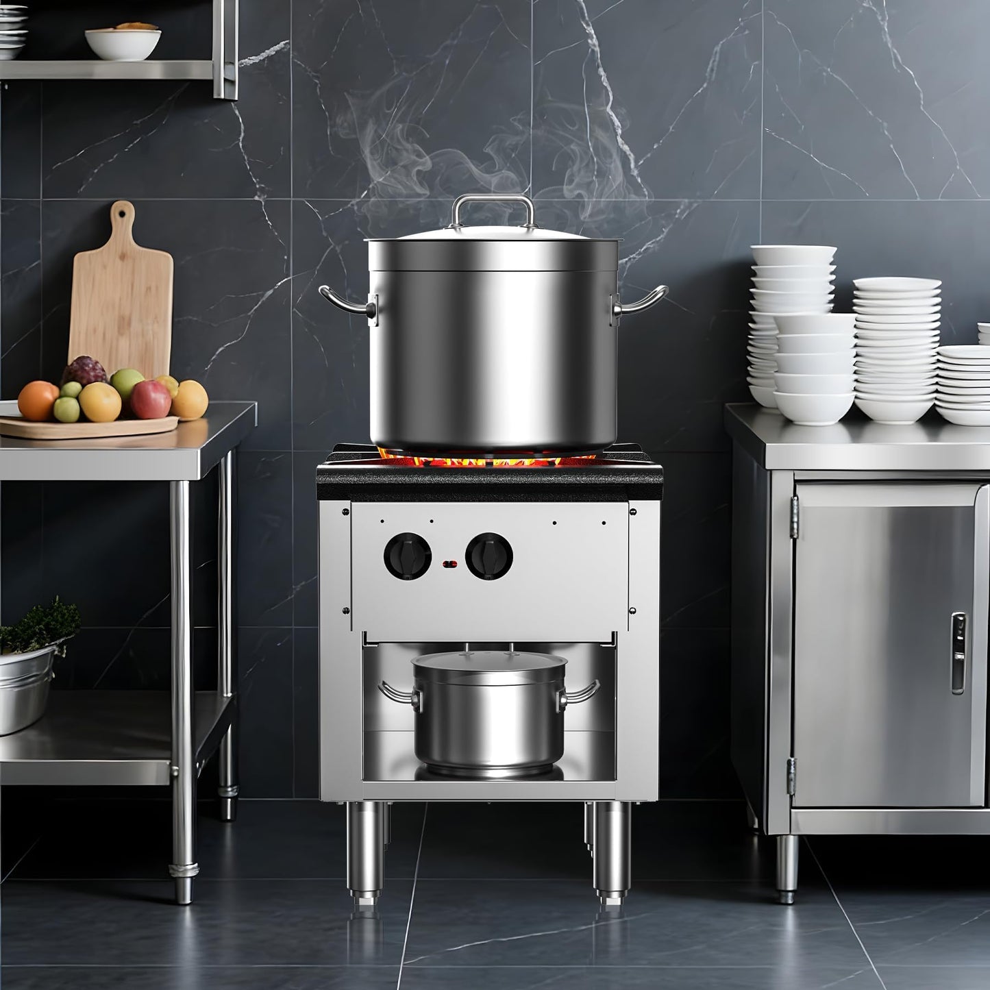Culistra Commercial High Power Gas Stove, 90,000 BTU, Propane and Natural Gas Countertop Cooking Stove Range, with Cabinet, Stainless Steel Hot Plate for Catering, Perfect for Iftar, ETL Certification