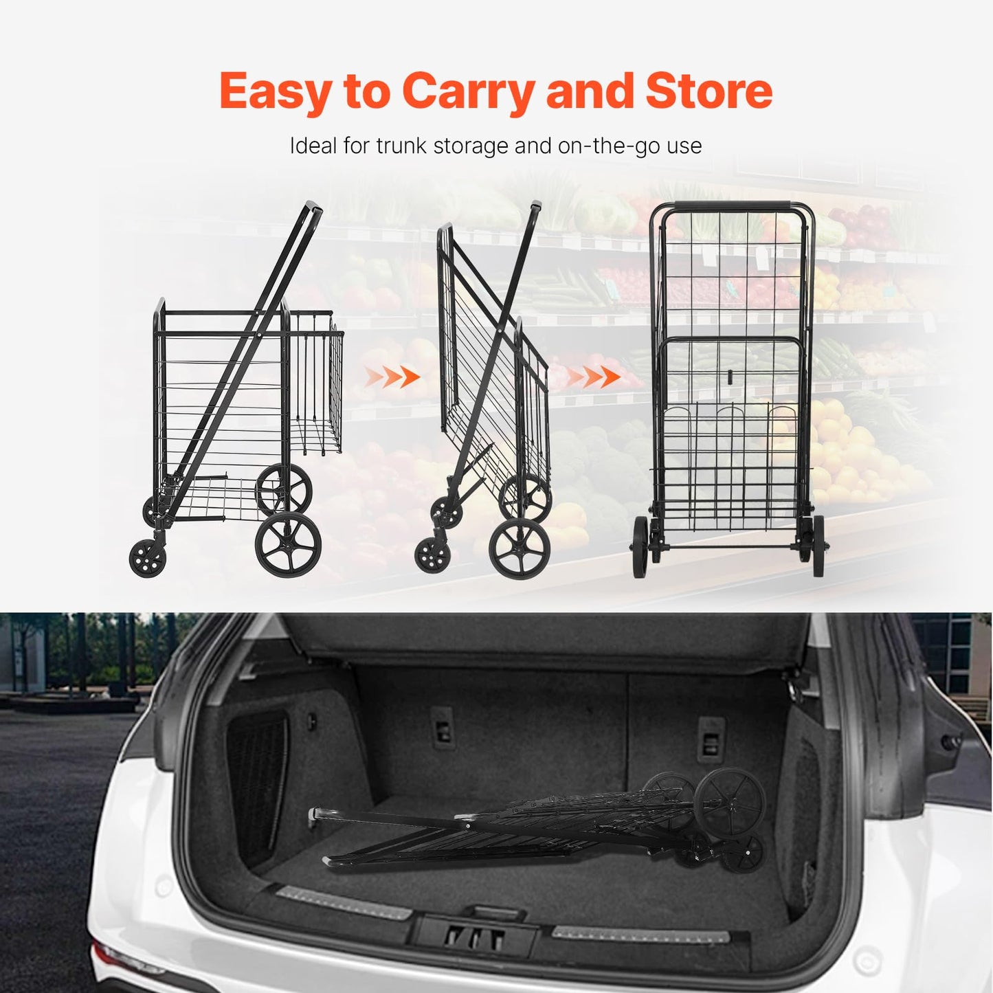 VEVOR Shopping Cart, 110 lbs Large Load Capacity, Folding Grocery Shopping Cart with 360° Swivel Wheels, Double Baskets, Locking Latch, Heavy Duty, Easy Installation, for Laundry, Luggage Camping