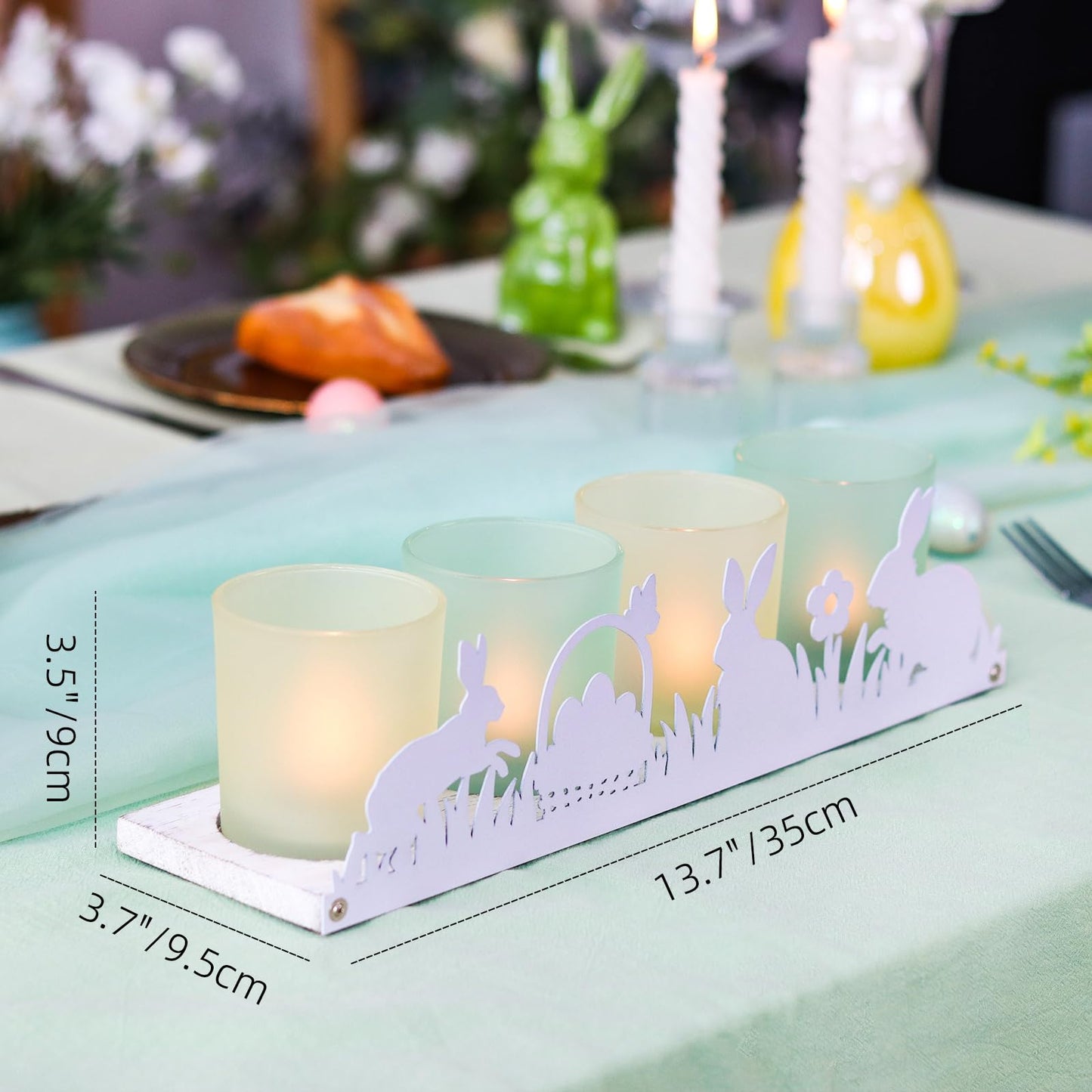 SYFURNIX Spring Votive Candle Holder Set, Includes 4 Glass Candle Holders & 1 Wooden Tray with Metal Bunny Decor for Table Centerpiece Decorations and Indoor Outdoor Home Decor