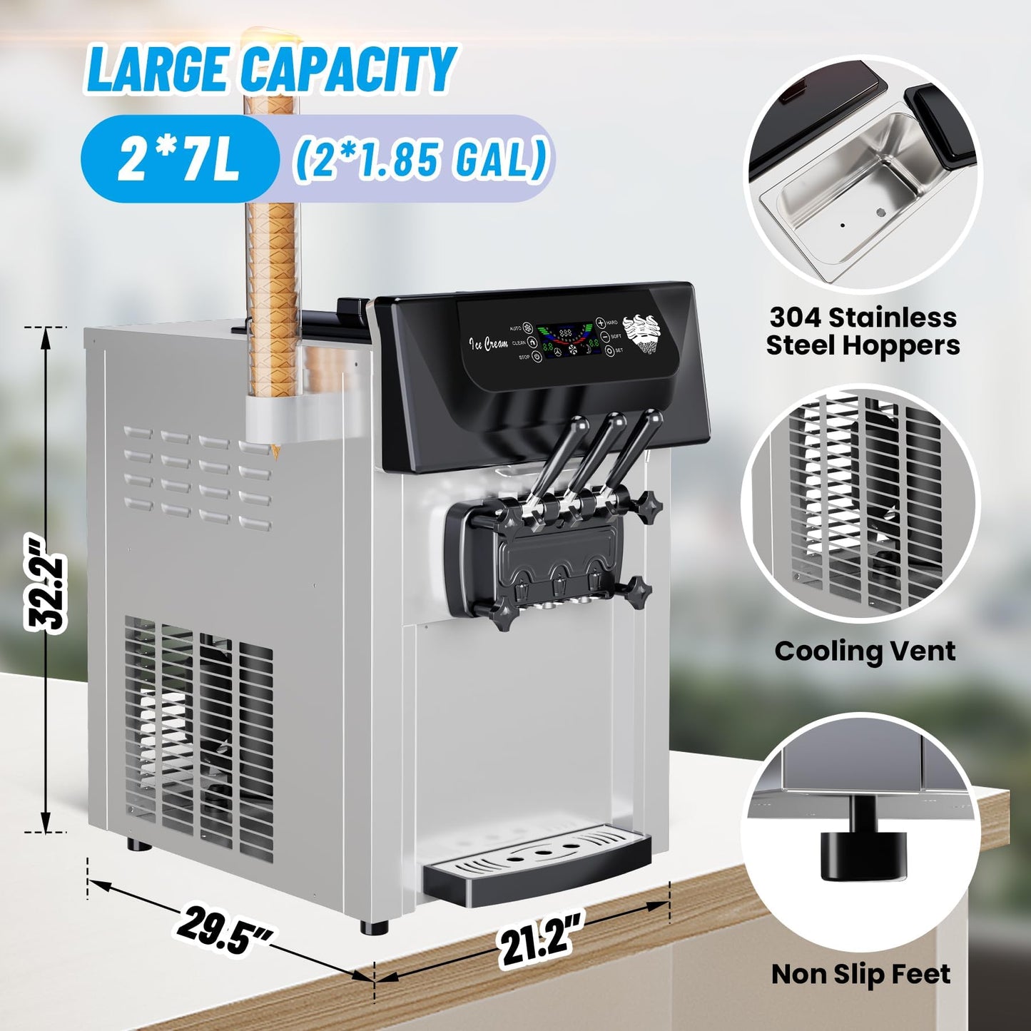 PioneerWorks Commercial Ice Cream Maker,2200W, 5.3 to 7.4 Gal/Hour, 3 Flavors Commercial Soft Ice Cream Machine with LED Display, Perfect for Restaurants Snack Bar