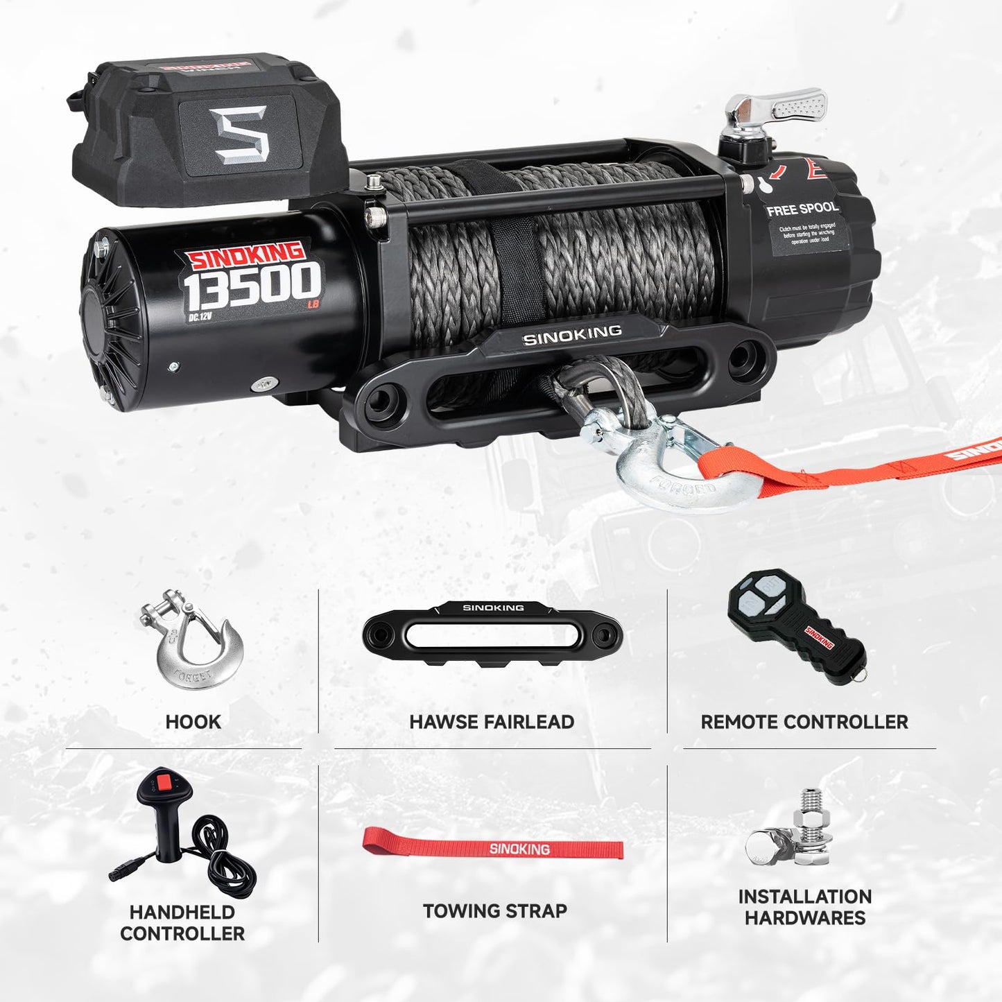 SINOKING 13500 lb Electric Winch for Jeep, Truck, SUV, Trailer Winch & Boat Winch – Heavy Duty Synthetic Rope 12V Winch, Waterproof Towing Winch with Wireless and Wired Remote