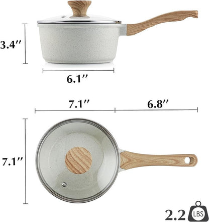 SENSARTE White Ceramic Nonstick Saucepan with Lid Set, Small Cooking Pot with Stay Cool Handle, Induction Compatible Saucepot, White Granite Coating, PFOA/PFAS Free, 2.0 + 2.5QT