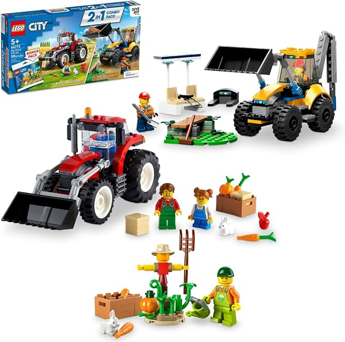 LEGO City Big Wheel Gift Set 66772 2in1 Tractor and Construction Digger Building Toy Sets Plus Farm Garden &amp Scarecrow Bonus Pack Great Gift for Boys and Girls Ages 5 and up