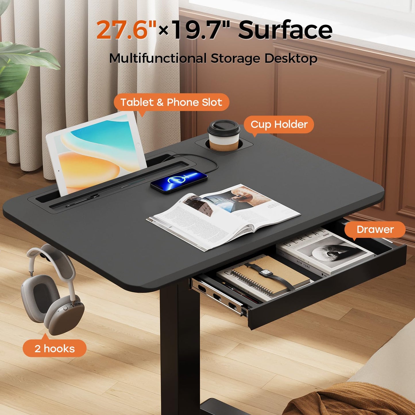 JYLH JOYSEEKER Mobile Standing Desk with Drawer, 28" Rolling Desk with Cup Holder and Hooks, Portable Laptop Workstation on Wheels, Height Adjustable Cart with Storage for Home Office, Black