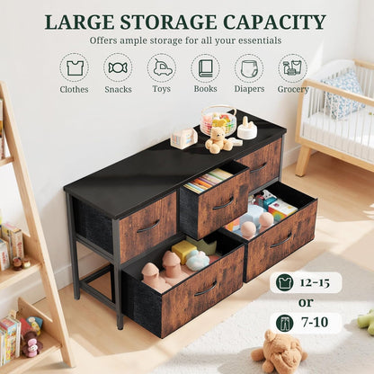 Regine Switzerland 5-Drawer Dresser - Anti-Tip Fabric Storage Organizer with Wooden Top | Brown Finish for Bedroom & Living Room