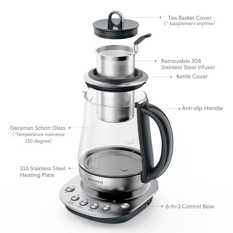 BUYDEEM K2423 Tea Maker, 316 Stainless Steel & Heat Resistant DURAN Glass Electric Kettle, 5 Temperature Settings, Removable Infuser, Auto Keep Warm, 1.2L