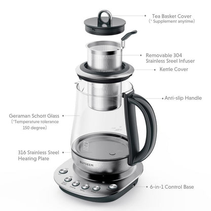 BUYDEEM K2423 Tea Maker, 316 Stainless Steel & Heat Resistant DURAN Glass Electric Kettle, 5 Temperature Settings, Removable Infuser, Auto Keep Warm, 1.2L
