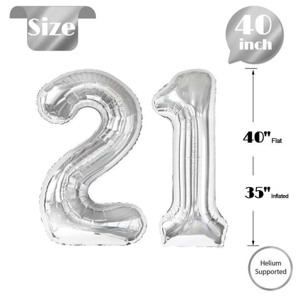 Silver Number 21 Balloon 40 inch, 21 Number Balloons, 21st Silver Birthday Decorations for Girls Boys Kids, 21 Year Old Women Men Silver Party Supplies