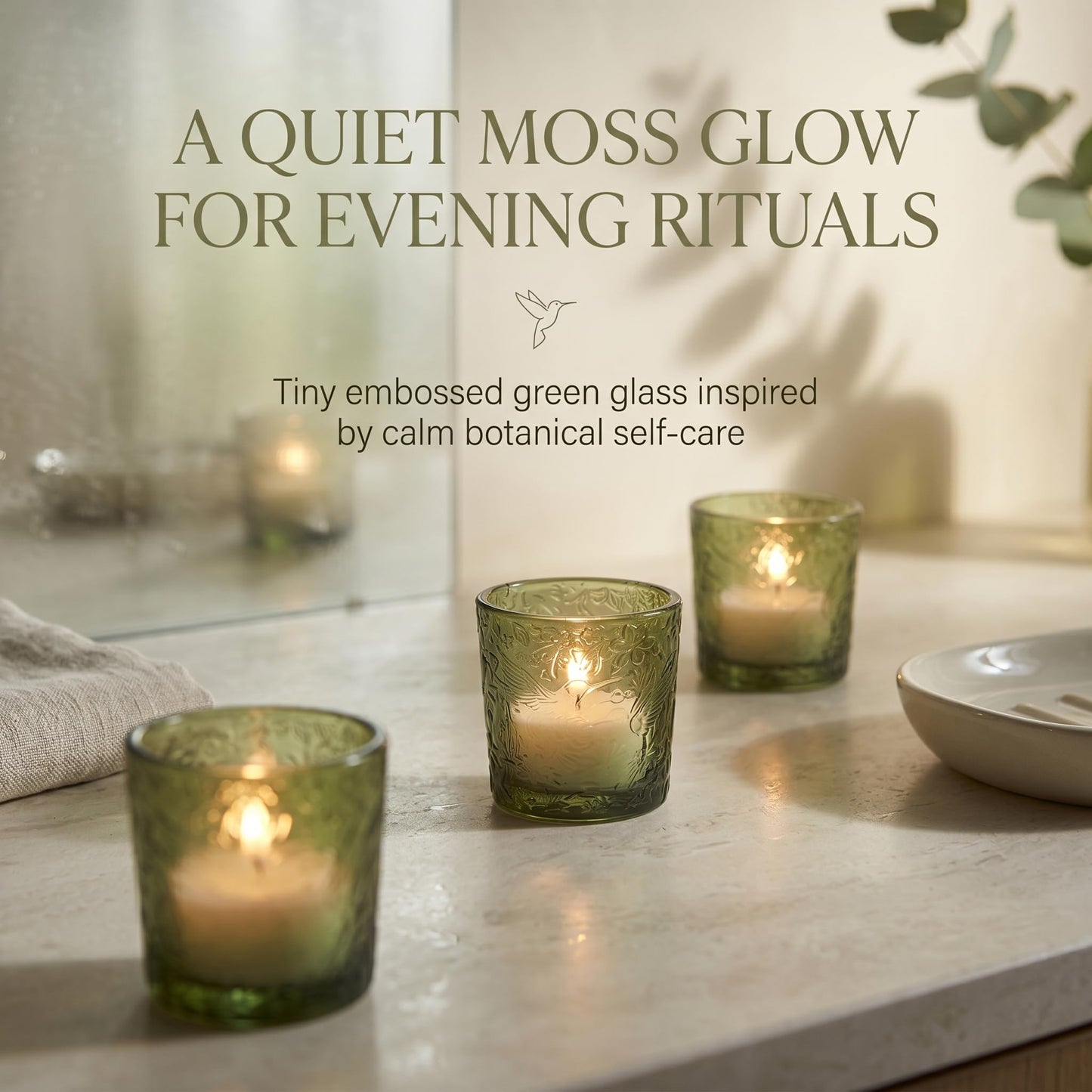6 Pack Hummingbird Embossed Glass Candle Holders Votive Tealight Holders with Patent Design, Decorative Cups for Wedding Centerpieces, Parties, and Home Decor (Moss Green)