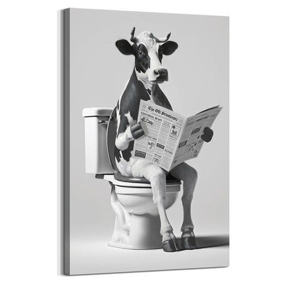Animal Bathroom Wall Art Decor: Funny Cow Canvas Picture Black and White Bathroom Print Artwork Fun Animal on Toilet Painting for Home Restroom Farmhouse