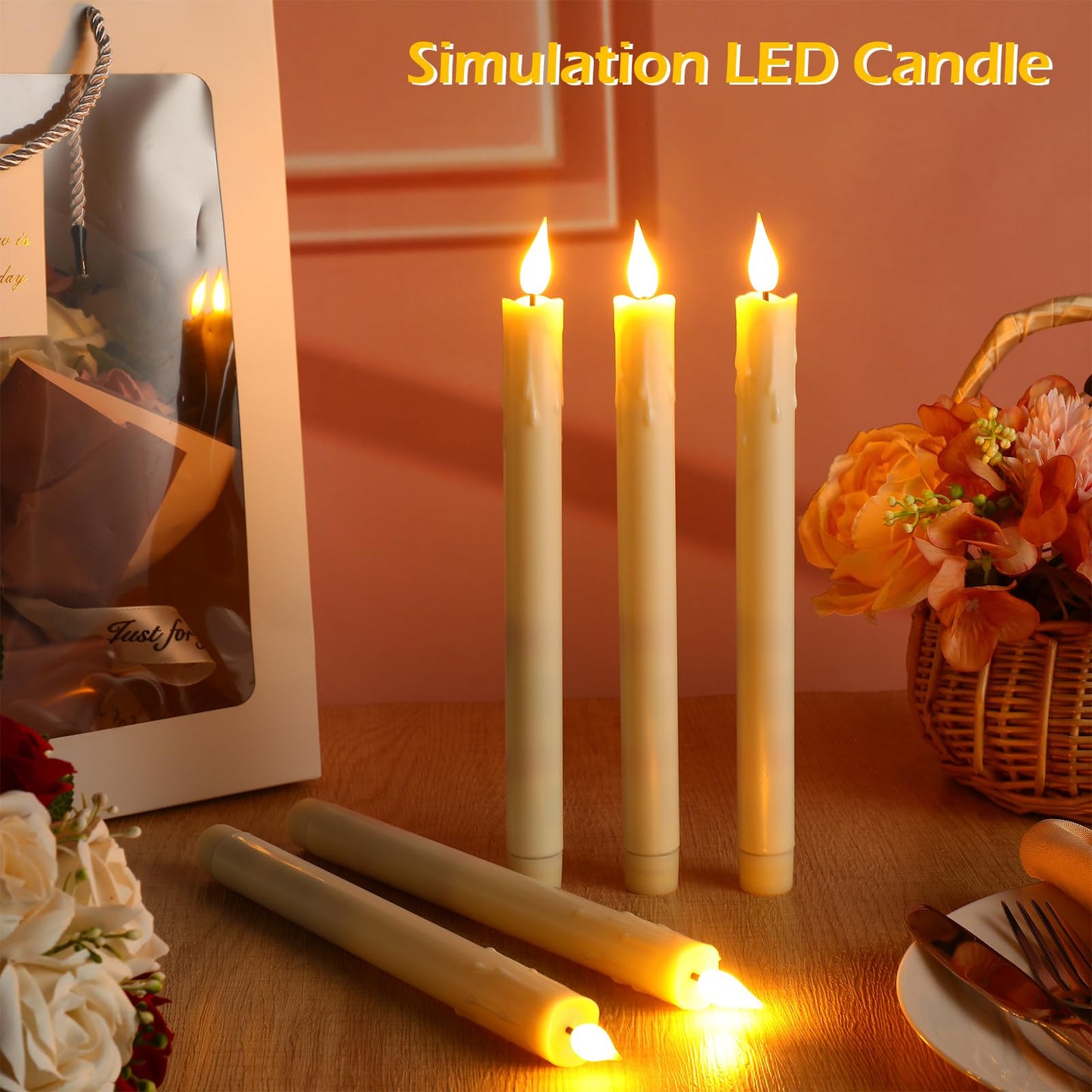 Baquler 48 Pcs 10 Inch Ivory Flameless Taper Candles LED Candle Sticks Battery Operated Flickering LED Candlestick Window Plastic Candle for Wedding Halloween Christmas Decor(No Battery)