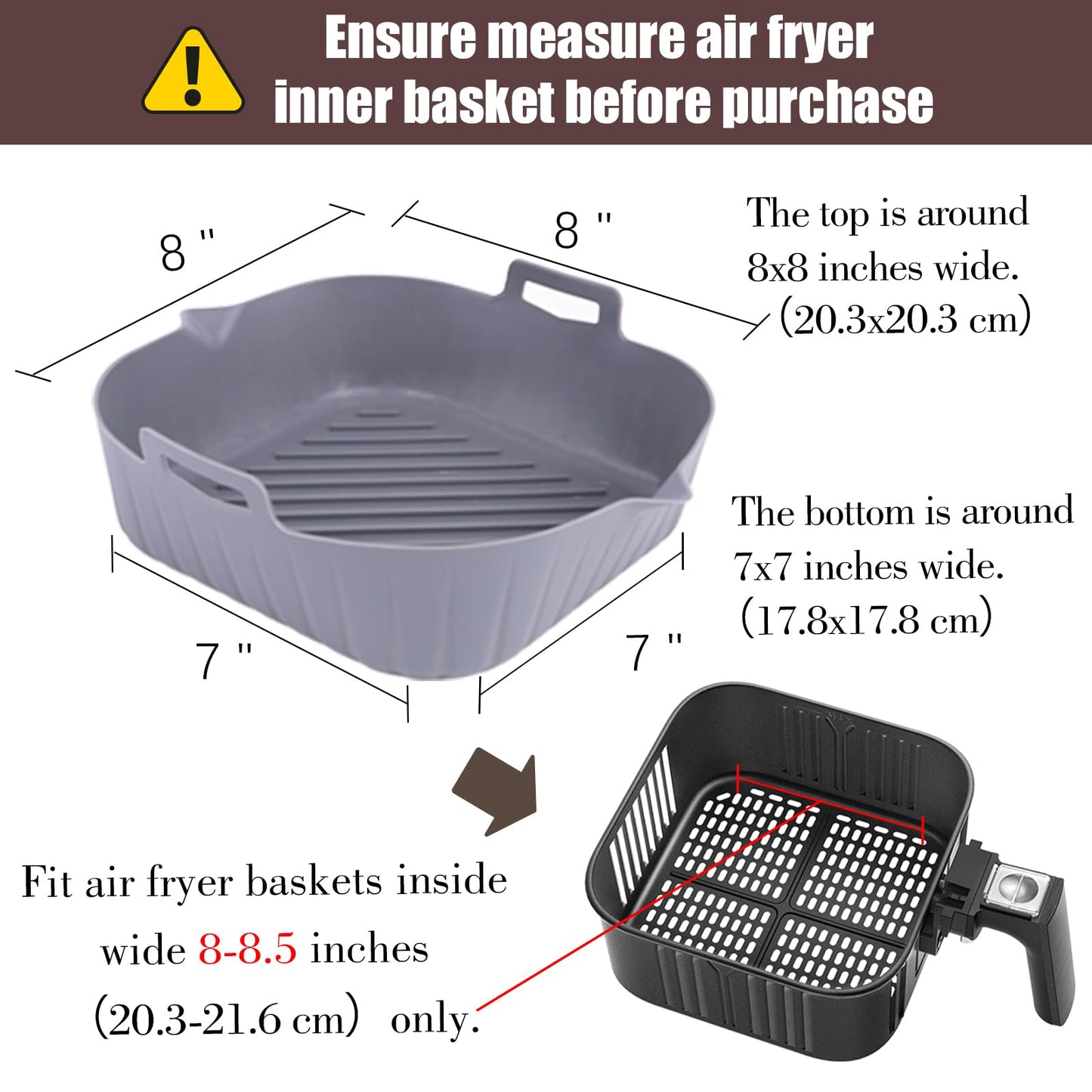 Golden Associate Silicone Liners Square for Air Fryer, 2 Pcs Non-stick Food-grade Reusable Basket Silicone Pot Baking Tray Airfryer Accessories, Top Size 8 inches, Bottom Size 7 inches