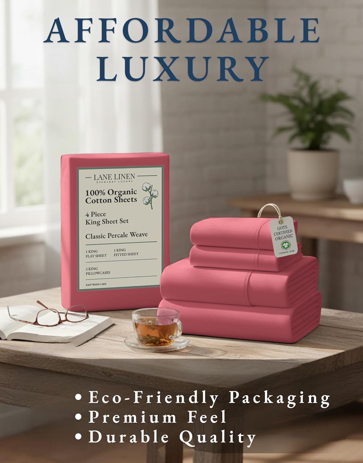 LANE LINEN 100% Organic Cotton King Size Bedsheets - Soft Luxury Hotel-Style Percale Cooling Sheets | Oeko-Tex Certified, Mineral Red